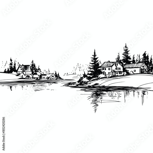 Serene black and white ink sketch of a peaceful lakeside village with trees and houses