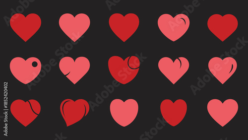 Collection of various stylized heart shapes in shades of red and pink against a dark background