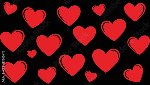 A vibrant pattern of red hearts on a contrasting black background, symbolizing love and affection in a striking visual design