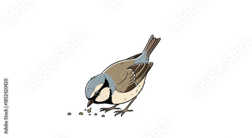 A cute and detailed illustration of a small blue tit bird on the ground pecking at seeds on a clean white background.