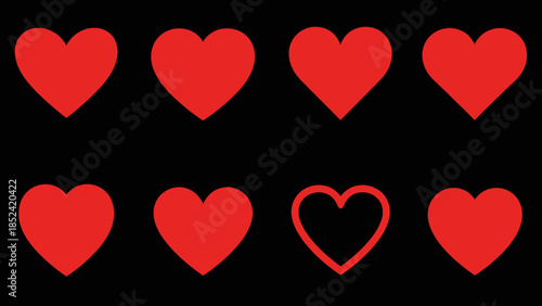 Collection of red hearts on a black background, perfect for designs related to love and romance