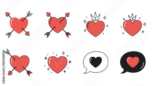 Collection of Heart Icons Featuring Cupid's Arrows, Crowns, and Speech Bubbles for Romantic and Love-Themed Designs
