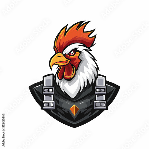 Rooster head illustration with leather jacket and chains for edgy mascot logo design
