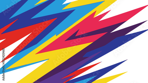 Abstract vibrant lightning bolt pattern in electric blue, bright yellow, red, and deep purple against white background