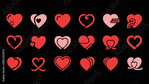 Collection of Romantic Heart Icons in Shades of Red and Pink