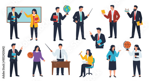 A diverse set of male and female school teachers in various poses holding books globes and pointers for educational presentations.