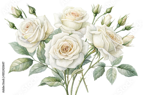 Watercolor-style illustration. Realistic rose illustration. Transparent background. Cutout. White.