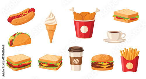 A delicious collection of popular fast food items including a hamburger hot dog french fries and fried chicken for takeout menus.