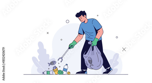 A young male volunteer cleaning up the environment by picking up plastic bottles and trash with a grabber tool into a bag.