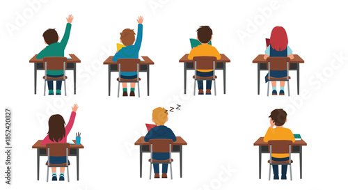 A collection of school children viewed from behind sitting at their desks in a classroom with some raising hands to answer.