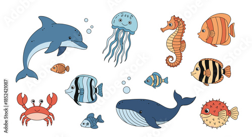 An adorable collection of cute cartoon sea animals including a dolphin whale jellyfish and crab for children's underwater illustrations.