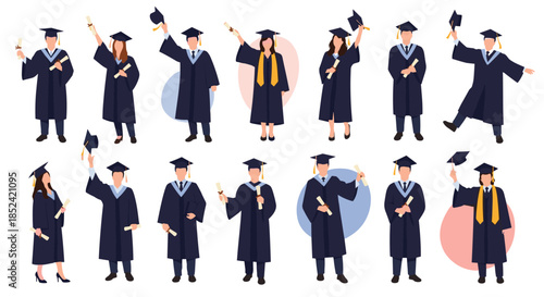 A collection of happy and diverse university students in graduation gowns and caps celebrating their academic achievement.