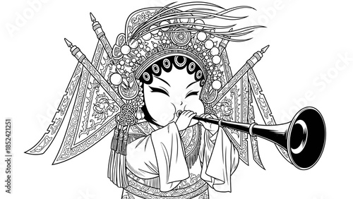 Detailed Line Art Depiction of Traditional Chinese Opera Performer Playing a Horn