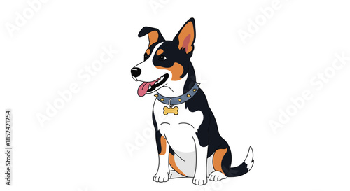 A happy and alert cartoon dog of a mixed breed sitting with its tongue out wearing a spiked collar with a bone tag.