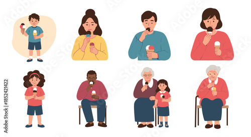 Diverse set of cartoon people of different ages and ethnicities enjoying delicious sweet ice cream cones on a clean white background.