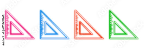 Neon glowing set square vector icons set, geometry, education, measurement, drawing tool, architect, engineer, school, vibrant colorful digital illustration.