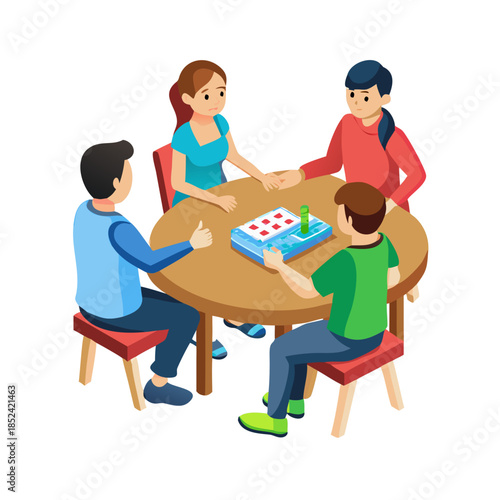 Hole family seats by table and plays table games together. Family members relatives having fun while playing board game. Spending time playing tabletop games. Vector illustration. Family dinner
