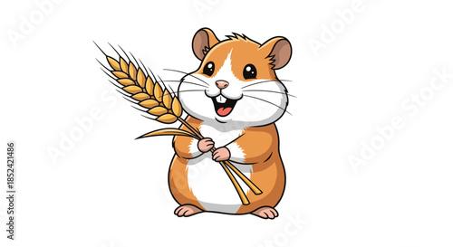 Happy cartoon hamster with a cheerful expression holding a large stalk of wheat while standing on a clean white background.