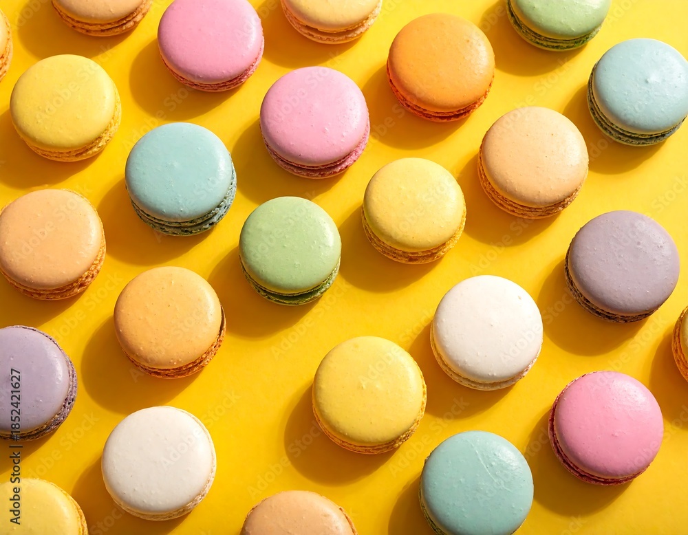Obraz premium Colorful assortment of macarons arranged on a vibrant yellow surface