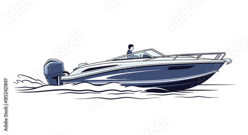 Modern blue and white speedboat with an outboard motor cruising swiftly through the water creating waves on a white background.