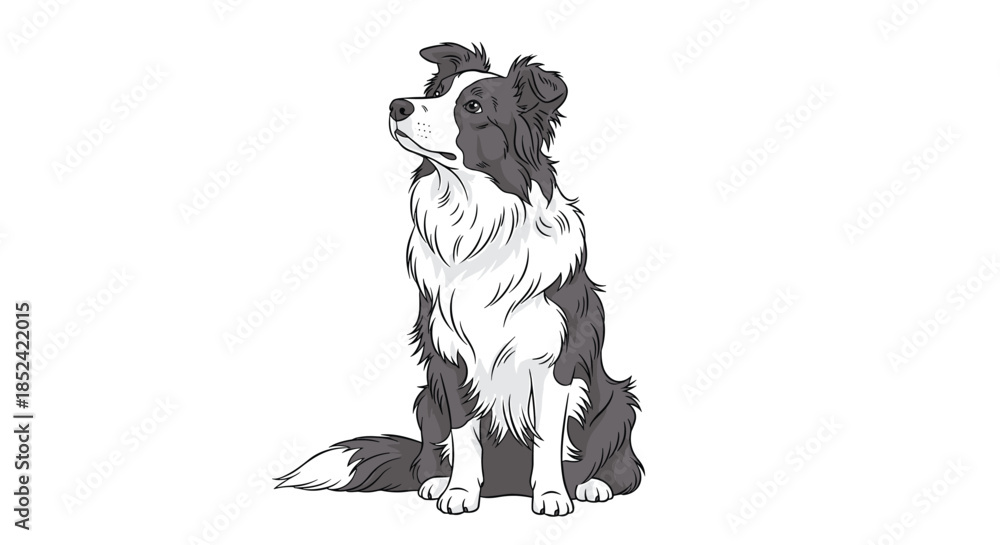 Fototapeta premium Beautifully illustrated black and white Border Collie dog sitting attentively and looking up isolated on a plain white background.