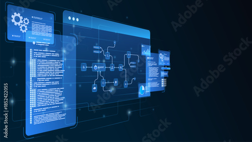 AI workflow automation artificial intelligence. futuristic ai system architecture and automation workflow visualization with code panels, connected modules, and data pipelines.
