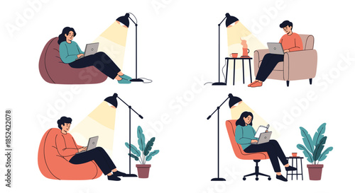 Set of four illustrations showing people relaxing in comfortable chairs and working on their laptops under a warm floor lamp.