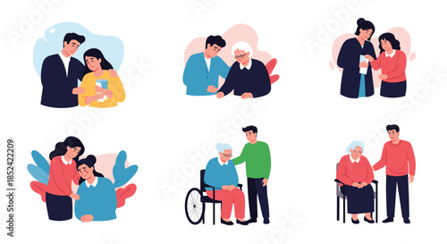 Collection of illustrations showing people providing comfort and support to sad friends and elderly family members with care.