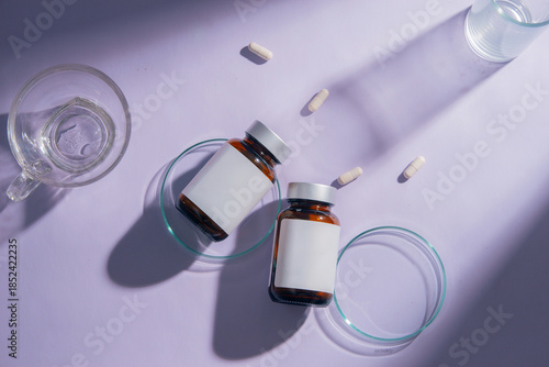 Amber bottles and capsules for health and wellness on the white Background