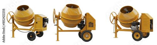 Tableau sur toile Yellow Portable Cement Mixer Set – Construction Equipment on White Background