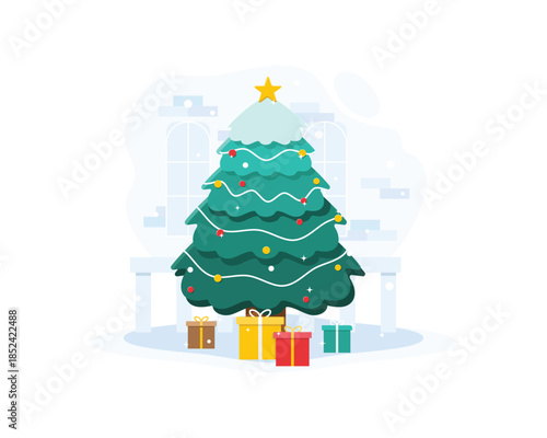 A Christmas tree decorated with beautiful Christmas ornaments makes you happy and don't forget the many gifts underneath it.