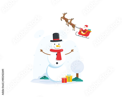 nice snowman and santa claus flying above him