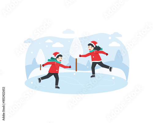 two children were playing ice skating happily