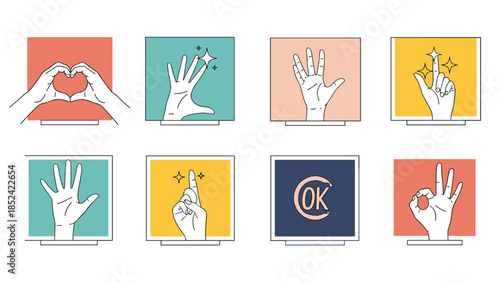 A modern collection of various hand gestures, including heart shape, okay sign, and pointing, inside colorful square frames.