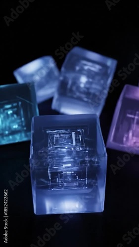 Illuminated, geometric glass cubes with internal structures on a dark background, in various colors