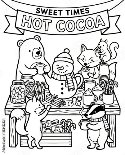 Winter seasonal Xmas mood coloring page Cozy Winter Hot Cocoa Animals Coloring Page for Kids and Adults