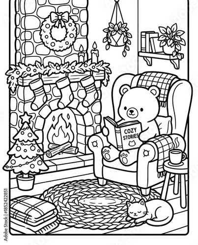 Winter seasonal Xmas mood coloring page Charming Winter Coloring Page with Cozy Bear by the Fireplace
