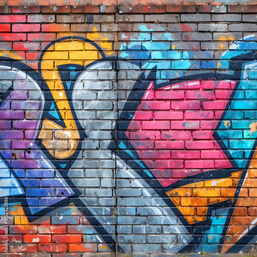 Colorful Graffiti on Brick Wall: An eye-catching graffiti art piece adorns a textured brick wall, showcasing bold typography and vibrant color Urban brick wall with abstract graffiti in geometric shap
