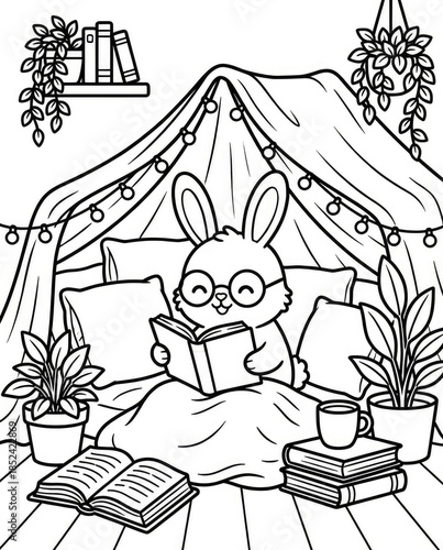 Winter seasonal Xmas mood coloring page Cute Bunny Reading in a Cozy Tent with Plants and Books 