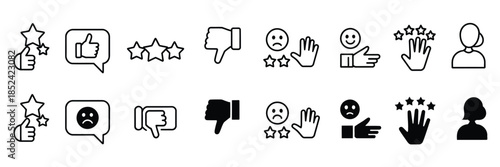 Review icon set featuring feedback, rating, satisfaction, and like icons for customer service evaluation, business reputation management, and user experience quality control vector illustration.