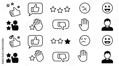 Review icon set featuring feedback, rating, satisfaction, and like icons for customer service evaluation, business reputation management, and user experience quality control vector illustration.