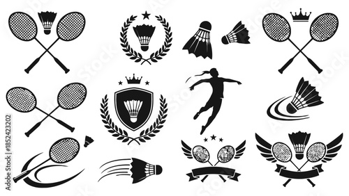 Dynamic collection of badminton icons and silhouettes capturing the spirit of the sport
