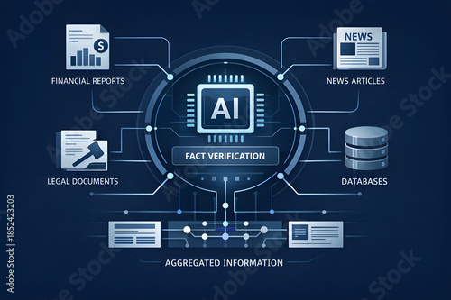 AI Fact Verification System Concept: Artificial Intelligence processing data from financial, legal, news, and aggregated information sources.