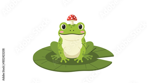 An adorable cartoon green frog with pink cheeks sitting on a lily pad while wearing a tiny red mushroom hat on its head.