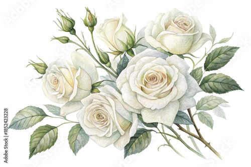 Watercolor-style illustration. Realistic rose illustration. Transparent background. Cutout. White.