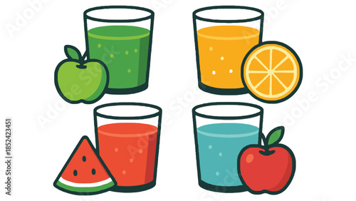 Four glasses of refreshing fruit juice with whole and sliced fruits