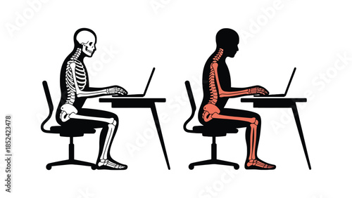Illustration comparing good and bad posture while sitting at a computer.