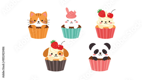 An adorable set of five cupcakes decorated to look like cute animals, including a cat, bunny, dog, and a panda bear.
