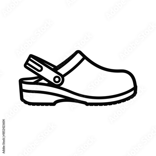 Black and white illustration of a clog shoe on white background