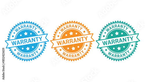 Three colorful warranty seals symbolizing trust and guarantee for products and services.
